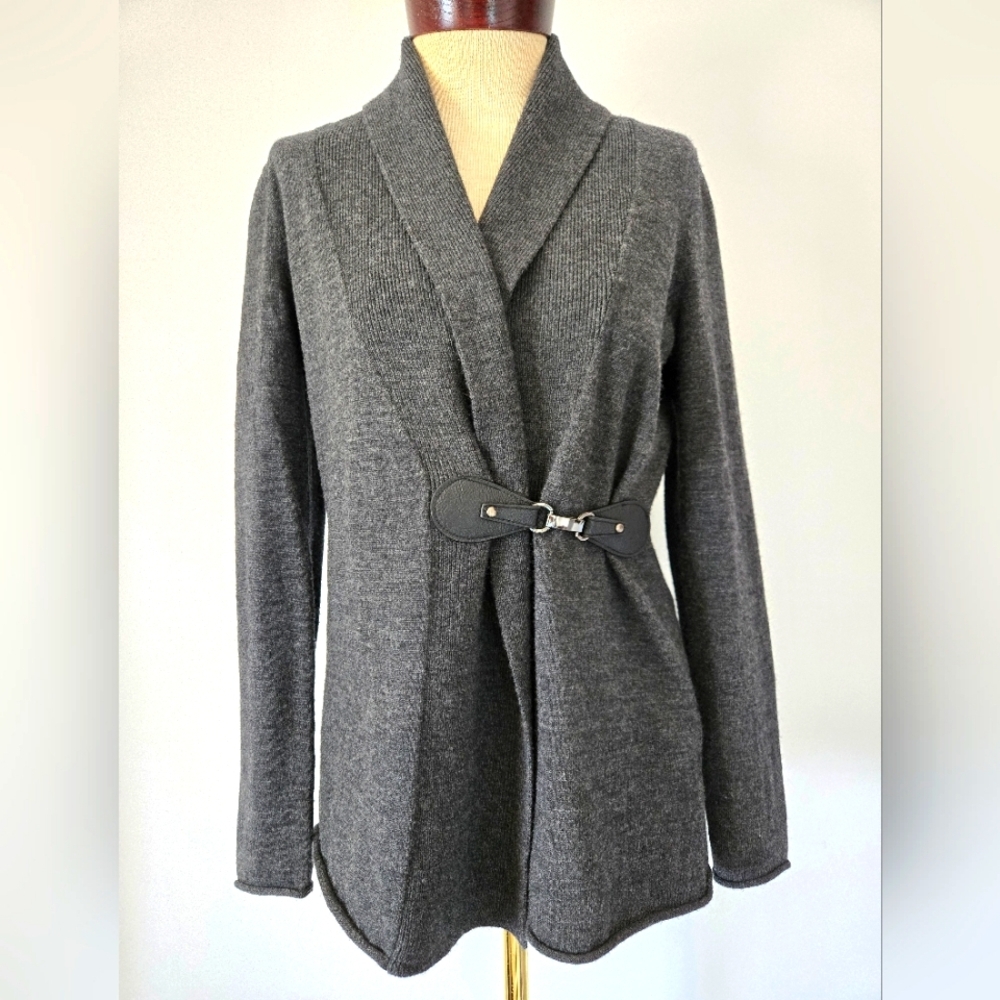CAROLE LITTLE Extra Fine Merino Wool Gray Shawl Collar Cardigan. Size M